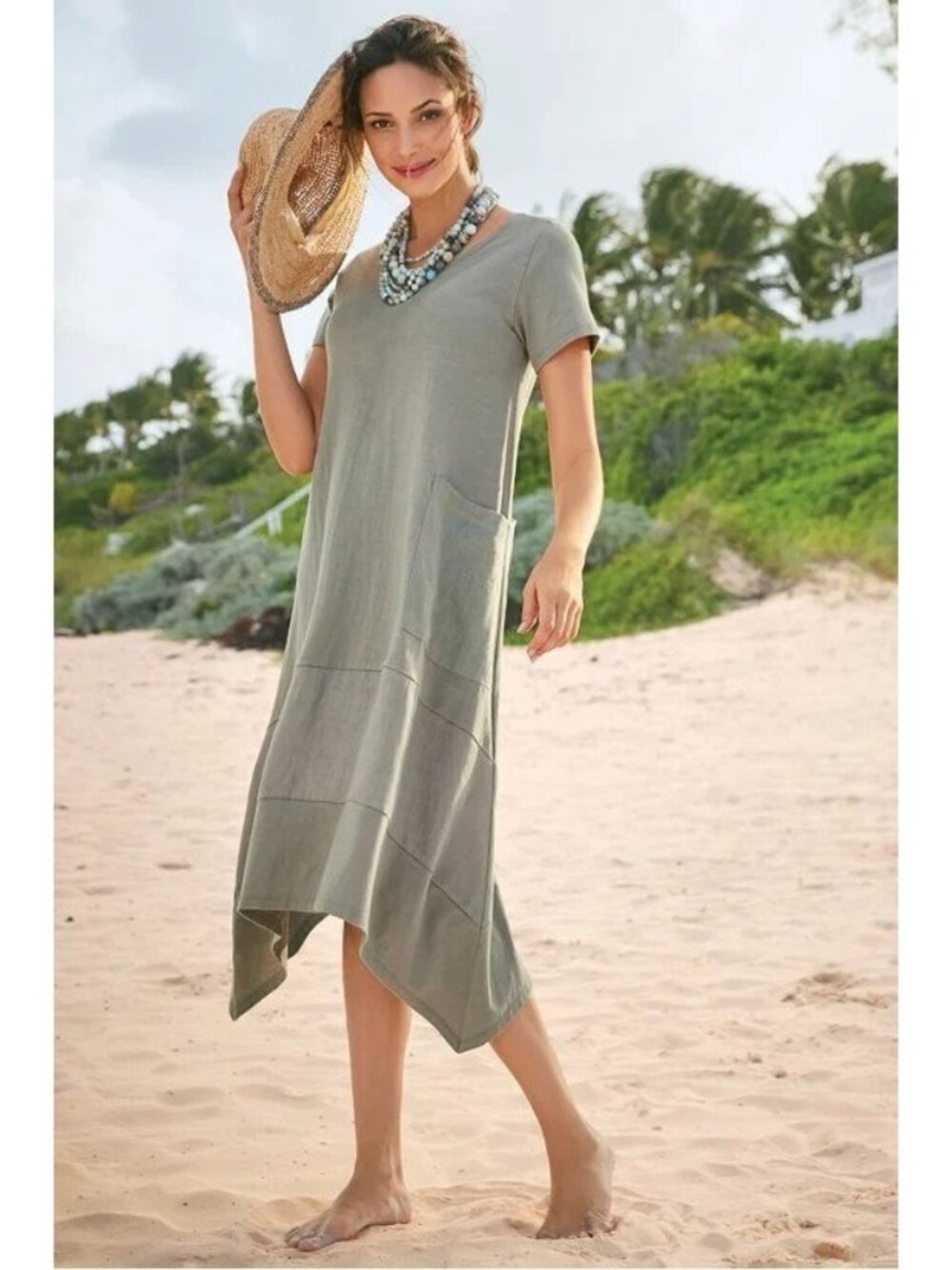 Soft Surroundings Loria Side Pocket Linen Trim Dress Khaki L Petite